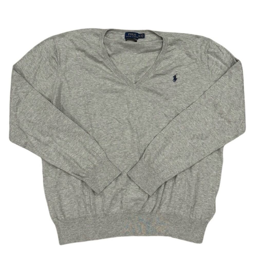 Polo Ralph Lauren Pima Cotton V Neck Sweater Womens XL Gray Pony Pullover EUC